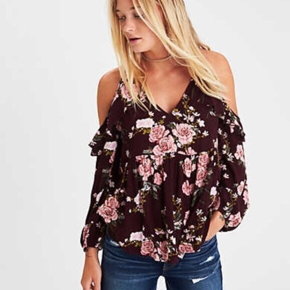 AE | Floral Maroon Cold Shoulder Top